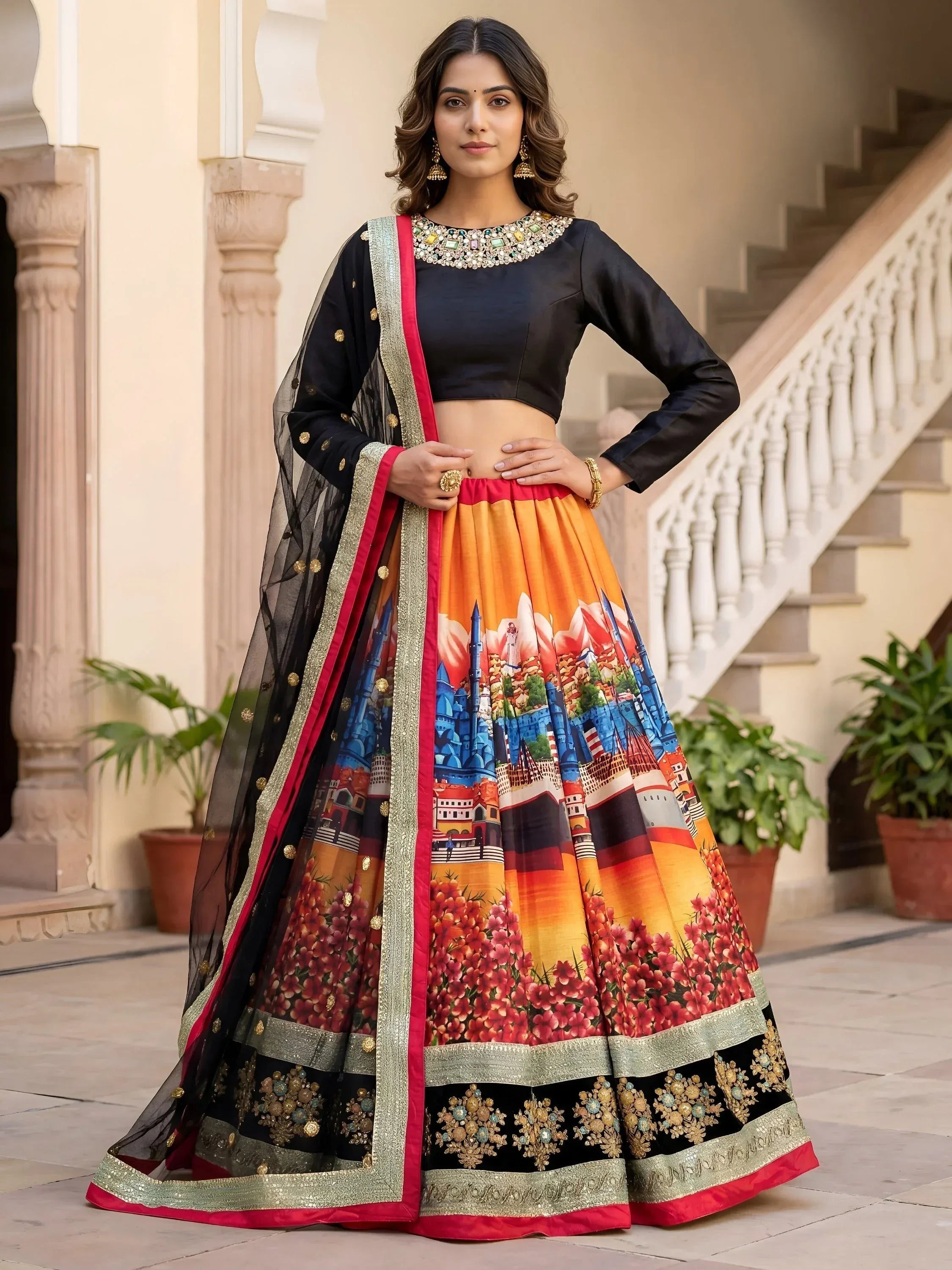 Tulsi Art Attractive Multicolor Floral Printed Silk Sangeet Wear Lehenga With Blouse - Dista