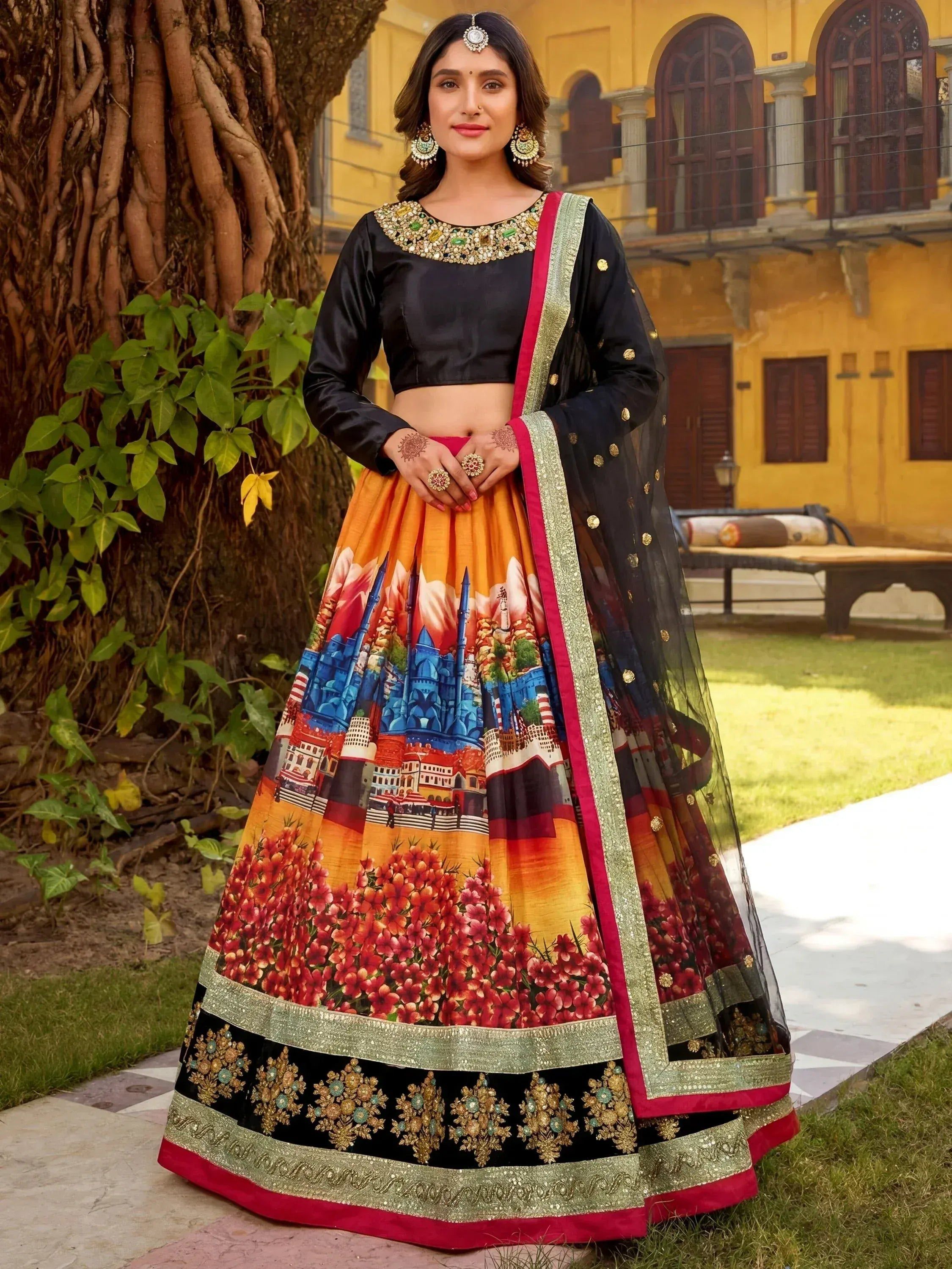 Tulsi Art Glowing Multicolor Embroidered Silk Festive Wear Lehenga Choli - Dista
