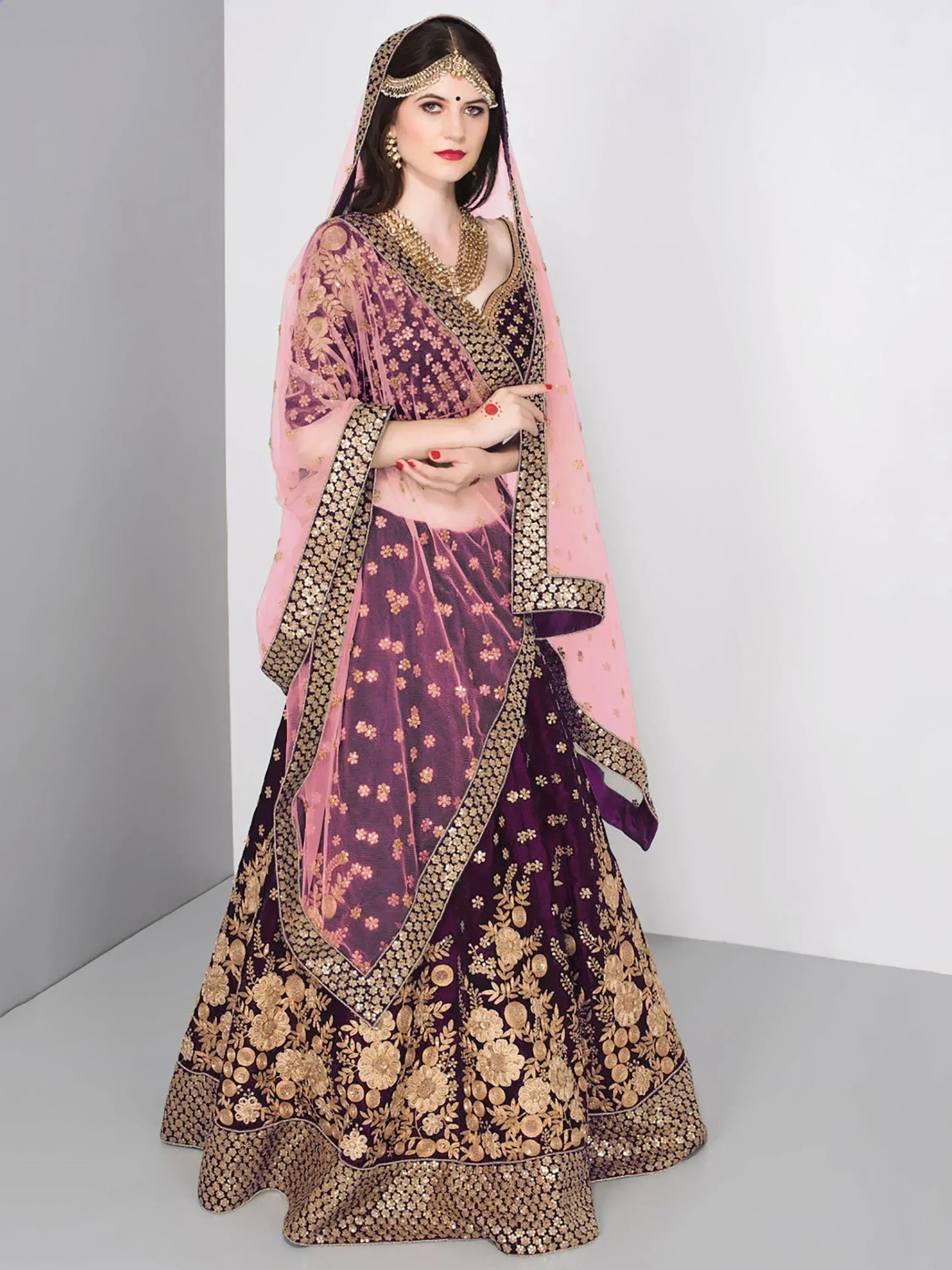 Tulsi Art Purple Embroidered Velvet Wedding Lehenga Choli With Dupatta - Dista