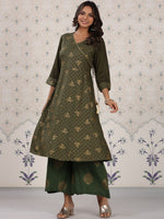 Thumbnail for Ode by House of Pataudi Olive Green & Gold Printed V Neck Angrakha Kurta With Palazzos