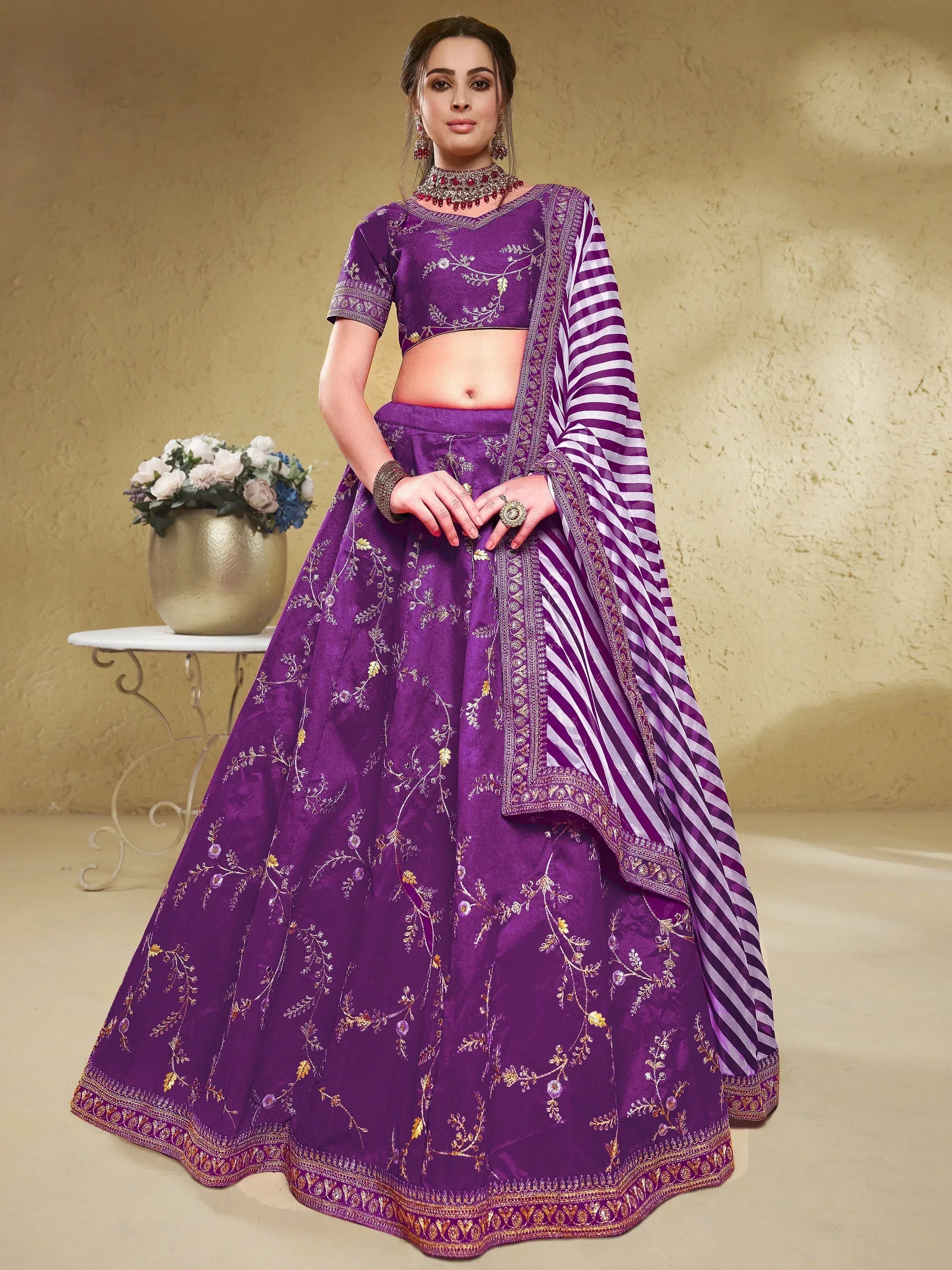 Tulsi Art Enchanting Purple Embroidered Silk Wedding Lehenga Choli With Dupatta - Dista