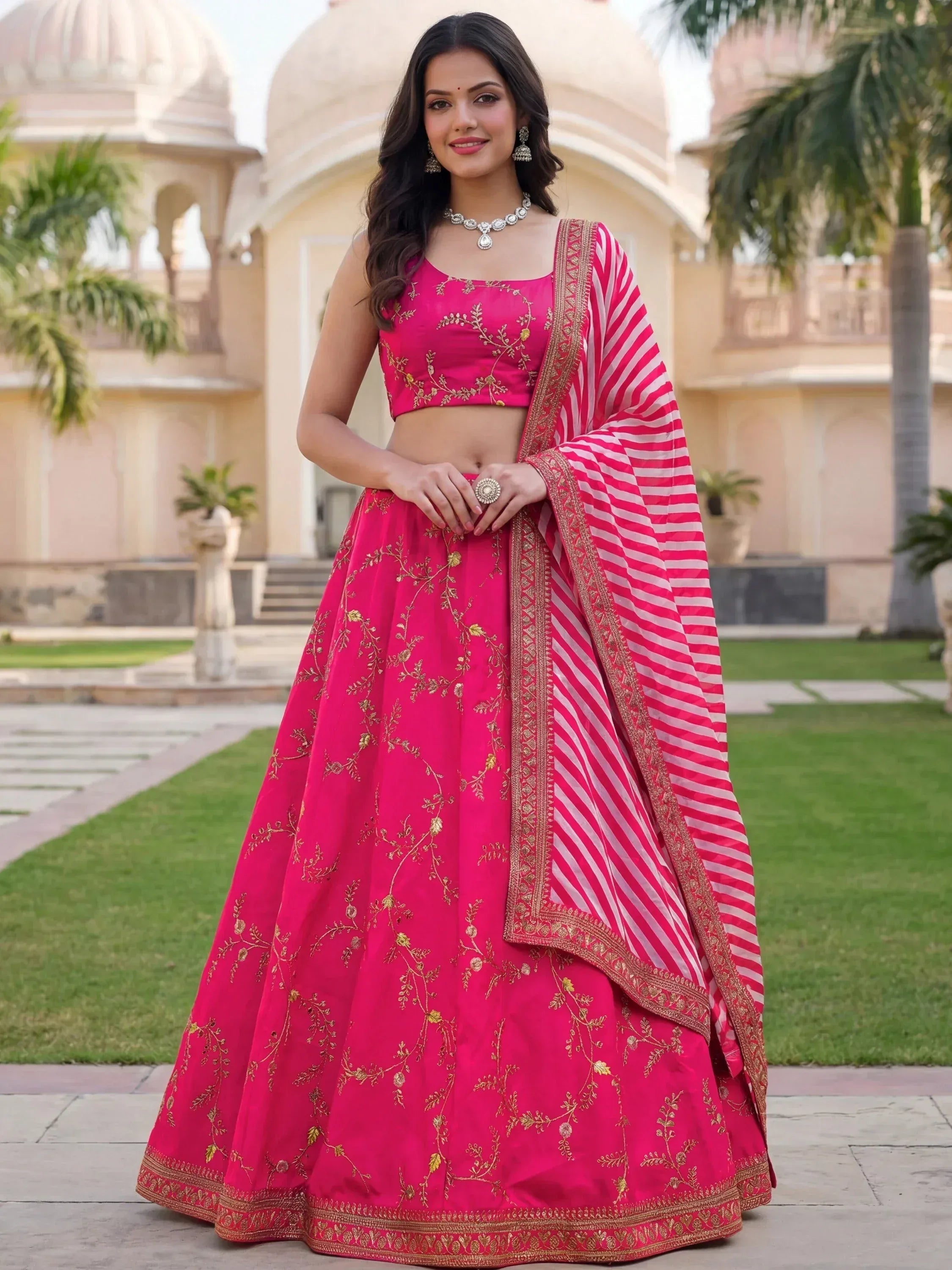 Tulsi Art Fantastic Pink Embroidered Silk Function Wear Lehenga Choli - Dista