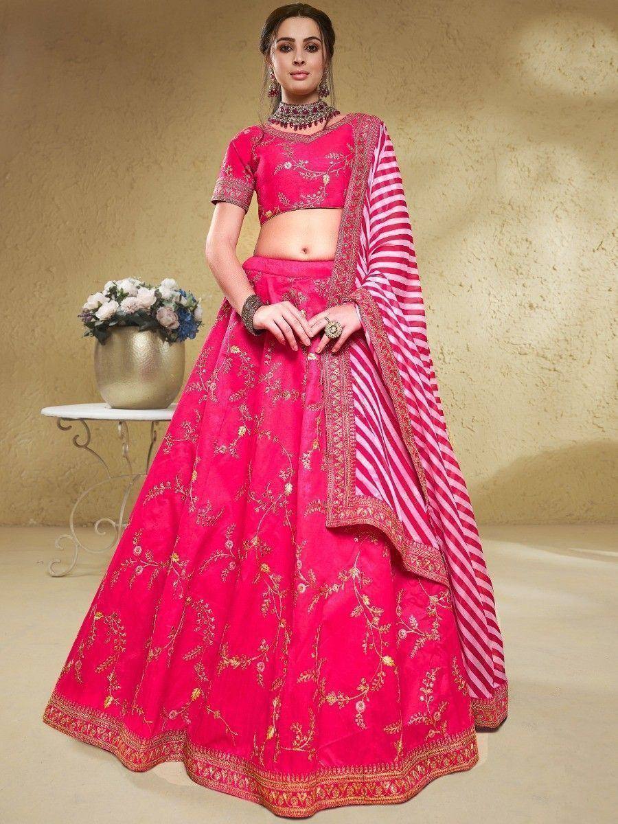 Tulsi Art Captivating Pink Thread Embroidered Silk Bridesmaid Lehenga Choli - Dista