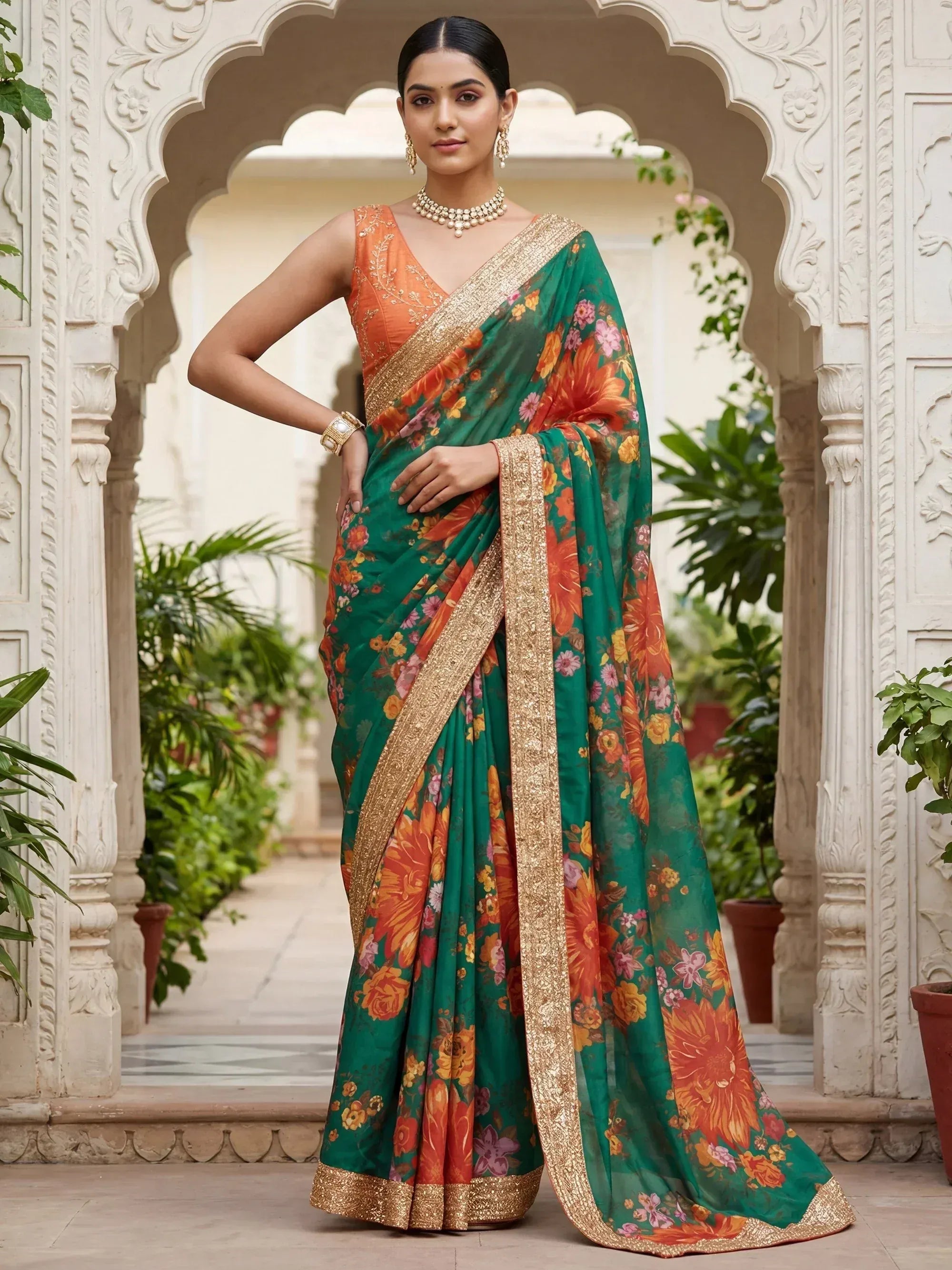 Tulsi Art Stunning Green Floral Printed Organza Festival Wear Saree With Blouse - Dista