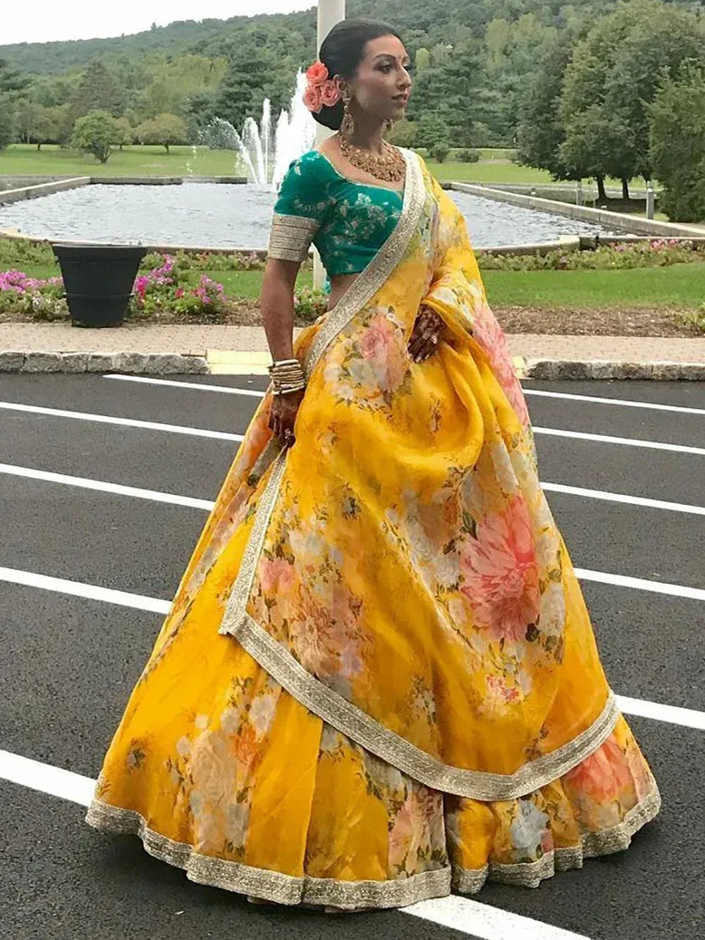 Tulsi Art Green-Yellow Floral Digital Printed Organza Bridal Lehenga Choli - Dista