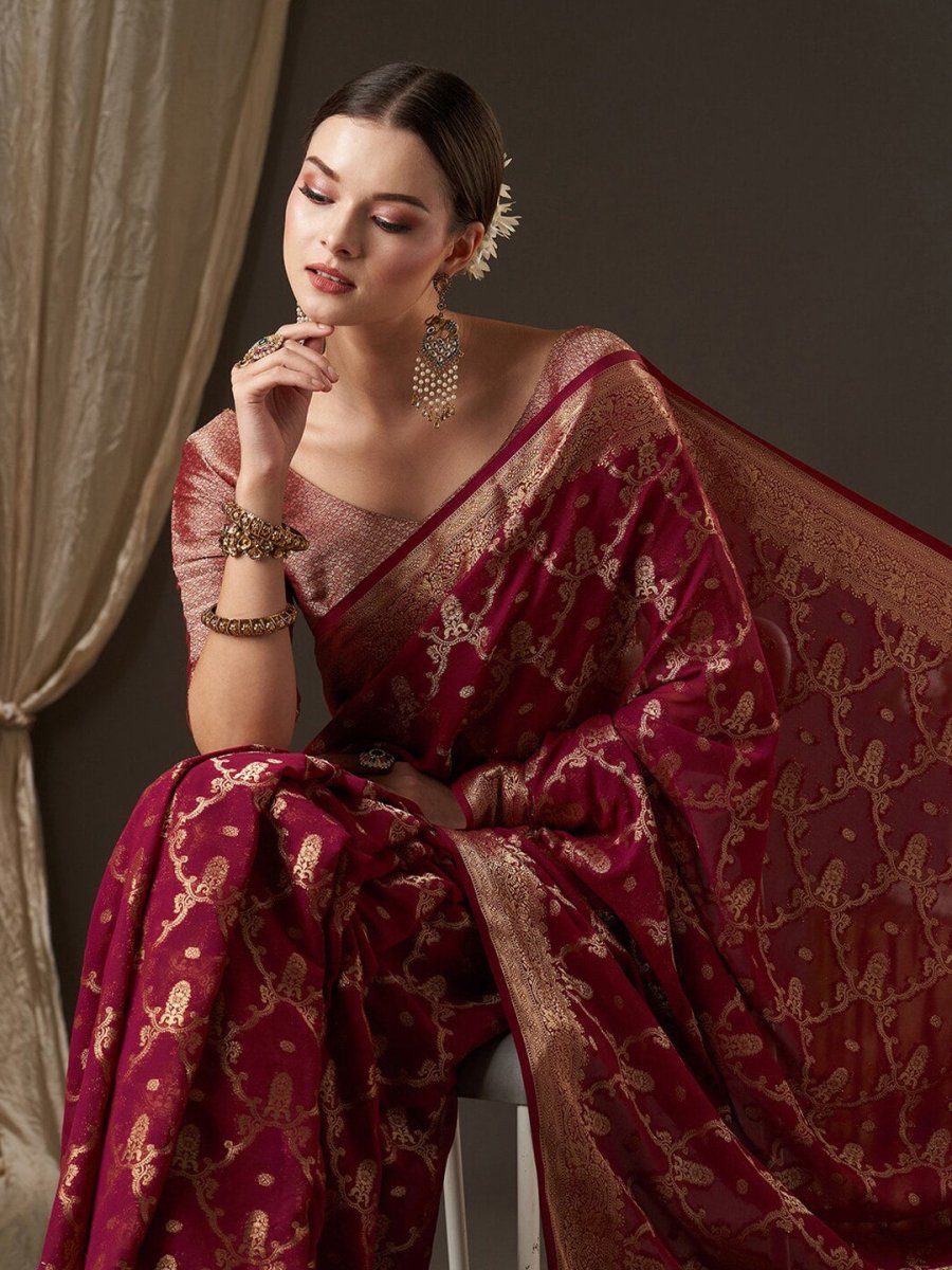 Anouk Burgundy & Gold-Toned Woven Design Zari Pure Georgette Kanjeevaram Saree - Distacart