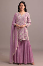 Thumbnail for Anaita Pink Embroidered Faux Georgette Sharara Suit - Distacart