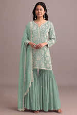 Thumbnail for Anaita Green Embroidered Faux Georgette Sharara Suit - Distacart