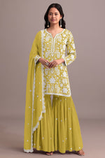 Thumbnail for Anaita Yellow Embroidered Faux Georgette Sharara Suit - Distacart