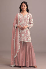 Thumbnail for Anaita Peach Embroidered Faux Georgette Sharara Suit - Distacart