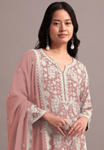 Thumbnail for Anaita Peach Embroidered Faux Georgette Sharara Suit - Distacart