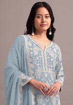 Thumbnail for Anaita Sky Blue Embroidered Faux Georgette Sharara Suit - Distacart