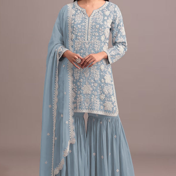 Anaita Sky Blue Embroidered Faux Georgette Sharara Suit - Distacart