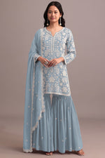 Thumbnail for Anaita Sky Blue Embroidered Faux Georgette Sharara Suit - Distacart