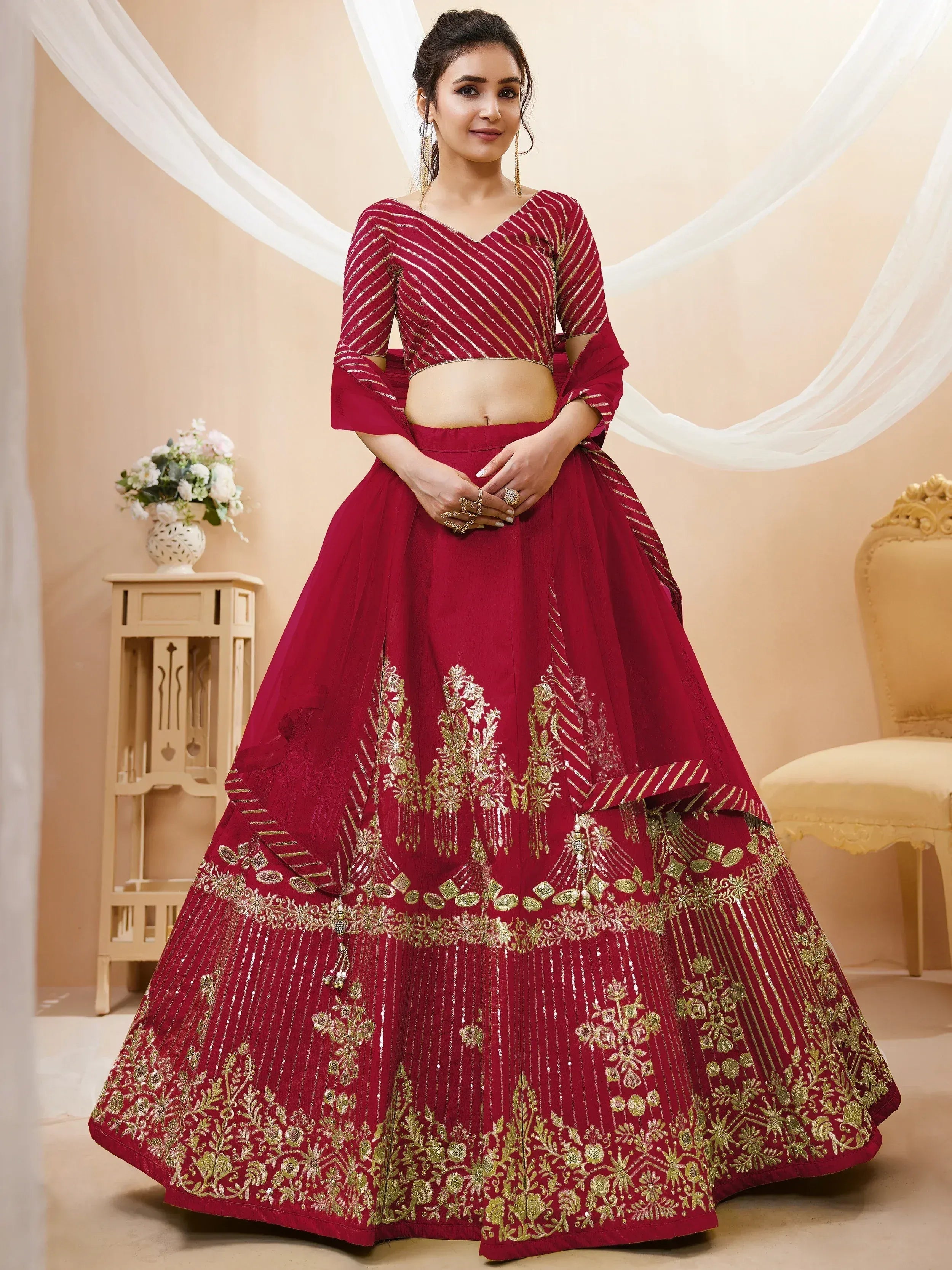 Tulsi Art Fascinating Red Sequins Silk Wedding Lehenga Choli With Dupatta - Dista