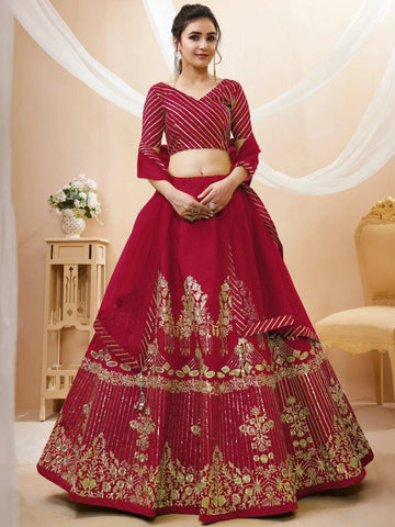 Tulsi Art Fascinating Red Sequins Silk Wedding Lehenga Choli With Dupatta - Dista
