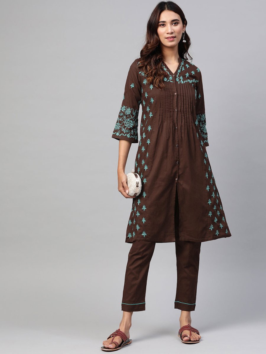 ADA Women Brown & Green Chikankari Embroidered Handloom Kurta with Trousers - Distacart