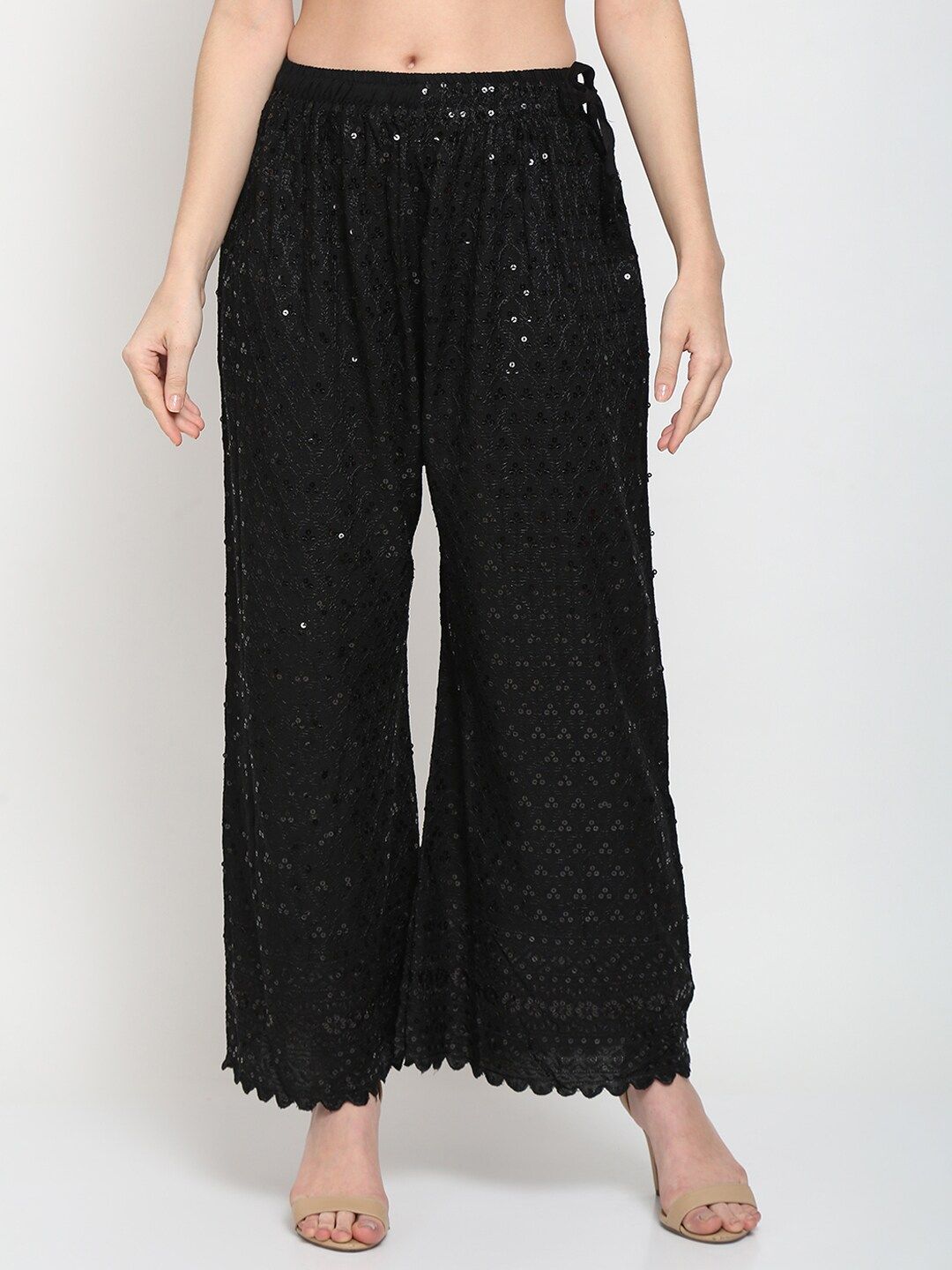 TAG 7 Women Black Ethnic Motifs Embroidered Sequin Flared Ethnic Palazzos - Distacart