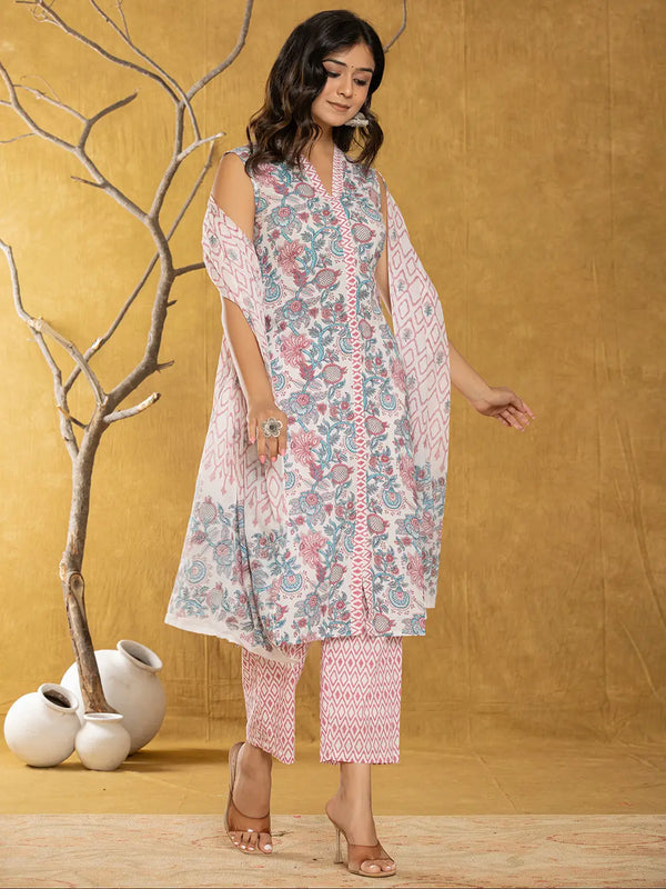 Yufta Cotton White Floral Print Kurta Dupatta Set