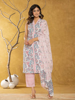 Thumbnail for Yufta Cotton White Floral Print Kurta Dupatta Set