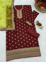 Thumbnail for Anaita Maroon Embroidered Viscose Patiala Salwar Suit - Distacart
