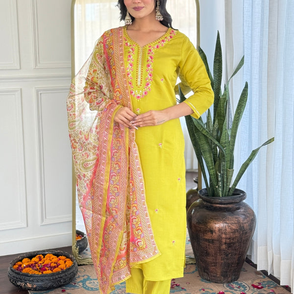 The52 Women's Gorgeous Rayon Embroidery work Straight Kurta with Pant and Dupatta Set - Distacart