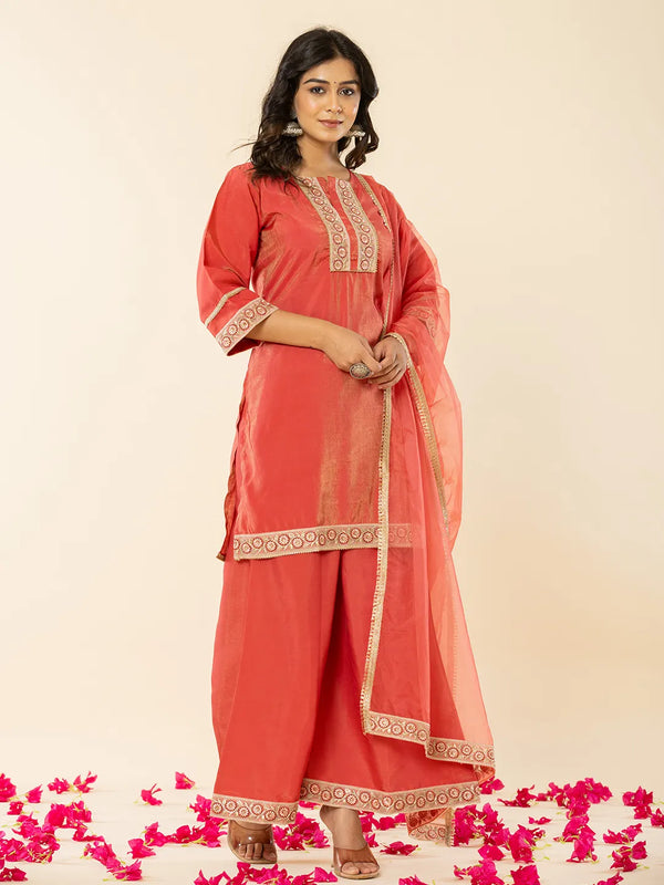 Yufta Silk Kurta Dupatta Set With Flared Bottom And Embroidery