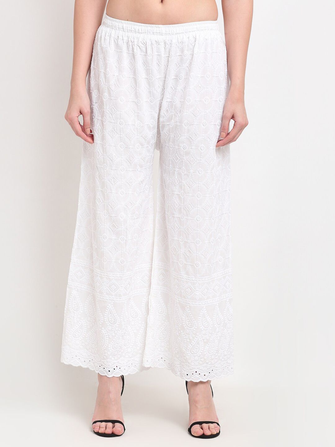 TAG 7 Women White Embroidered Flared Ethnic Palazzos - Distacart