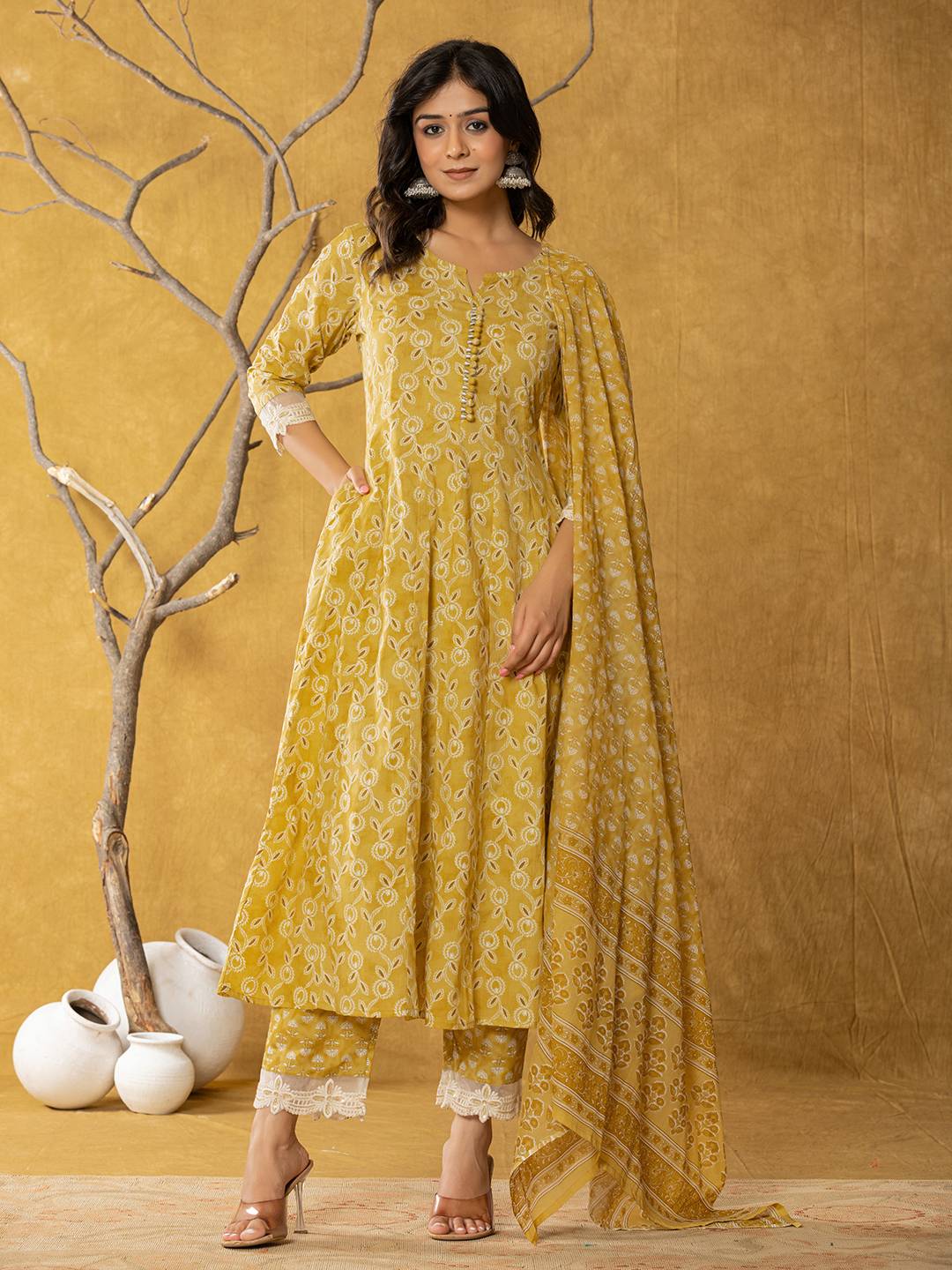 Yufta Mustard Lace-Work Cotton Anarkali Kurta & Trouser Dupatta Set - Distacart