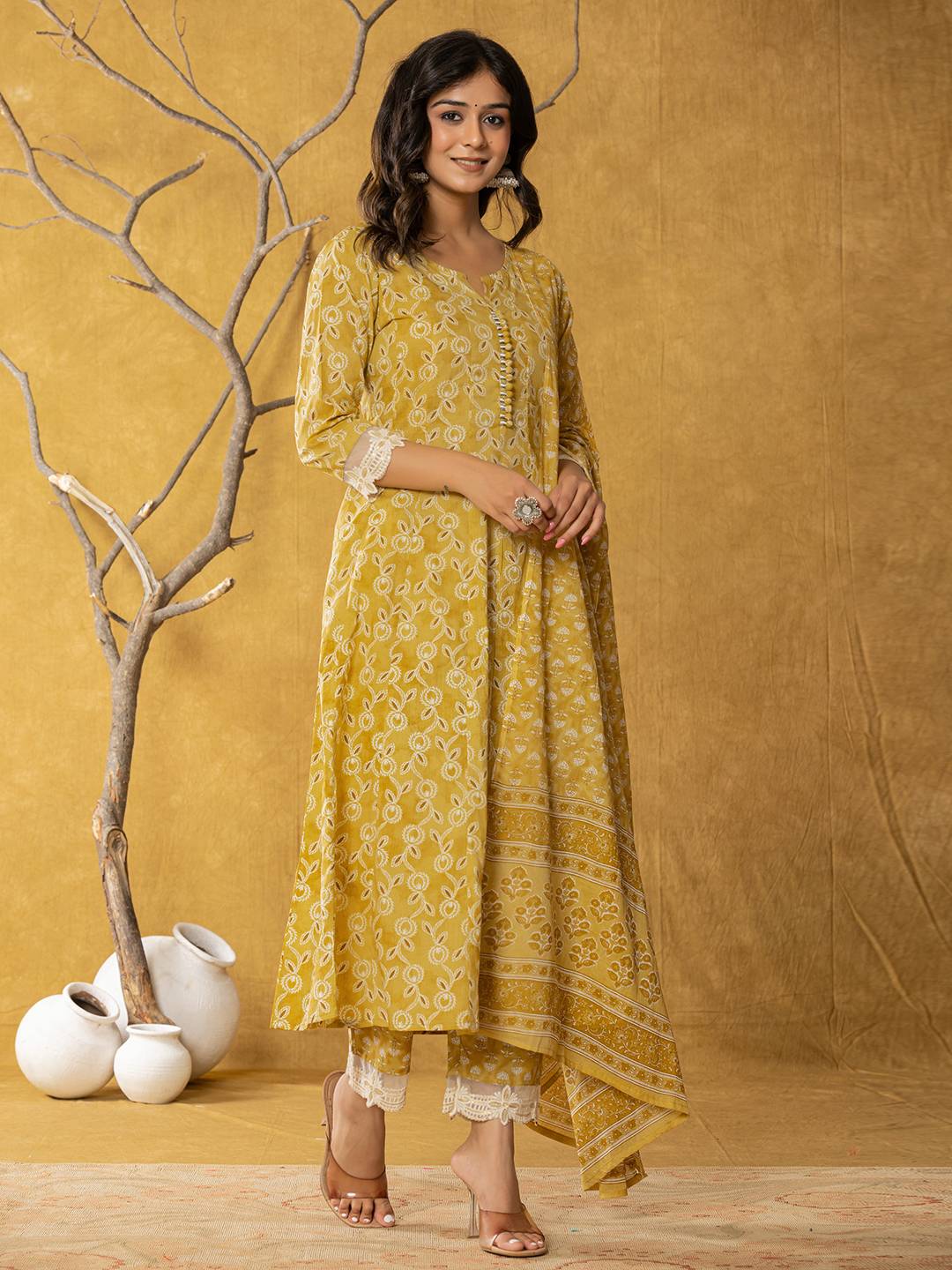 Yufta Mustard Lace-Work Cotton Anarkali Kurta & Trouser Dupatta Set - Distacart