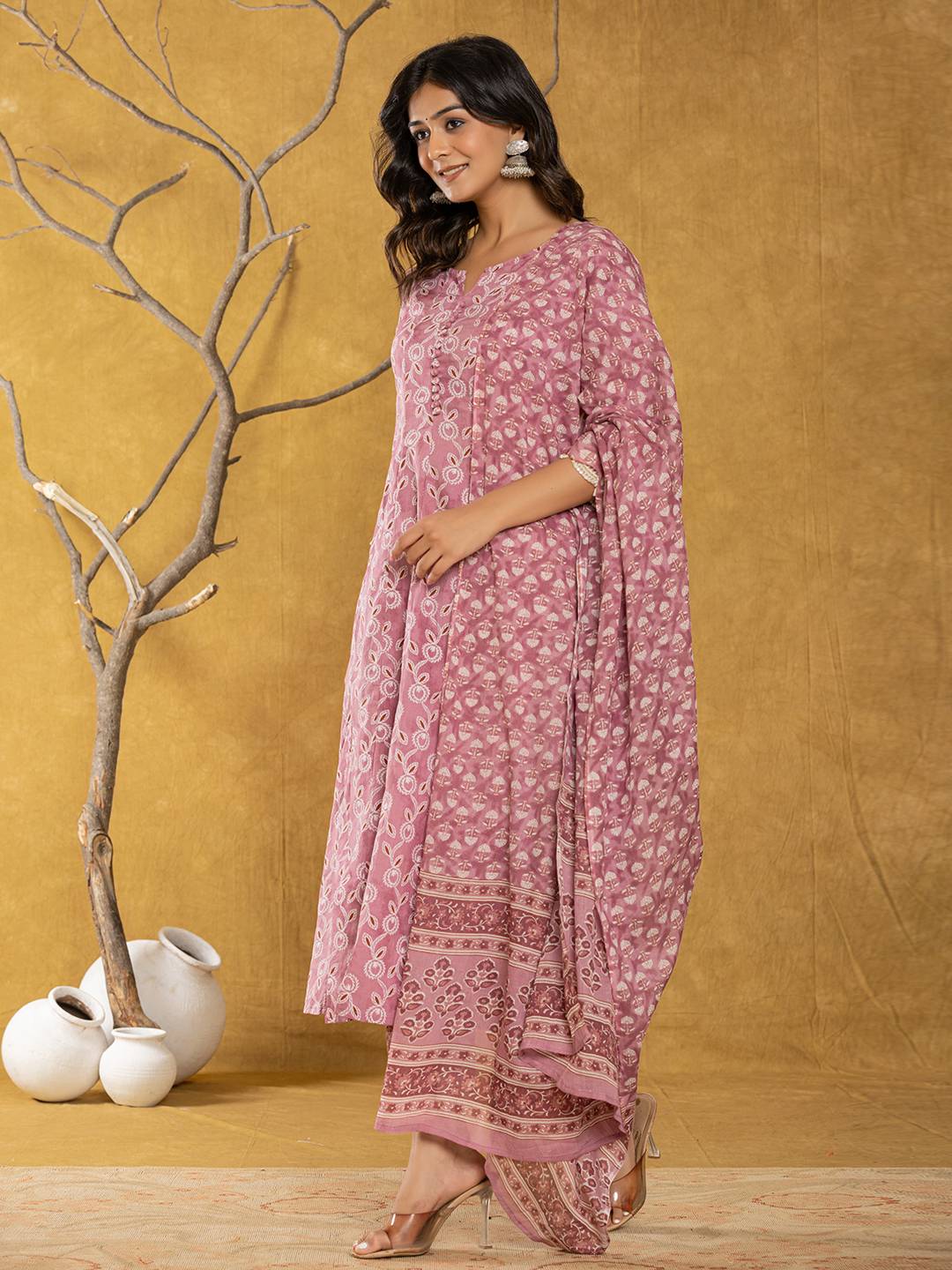 Yufta Pink Lace-Work Cotton Anarkali Kurta & Trouser Dupatta Set - Distacart