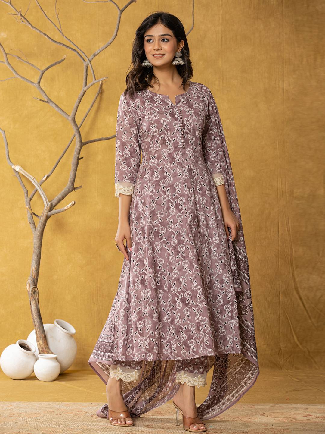 Yufta Purple Lace-Work Cotton Anarkali Kurta & Trouser Dupatta Set - Distacart
