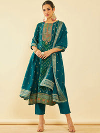 Thumbnail for Soch Floral Printed Round Neck Three-Quarter Sleeves Kurta with Trousers & With Dupatta - Distacart