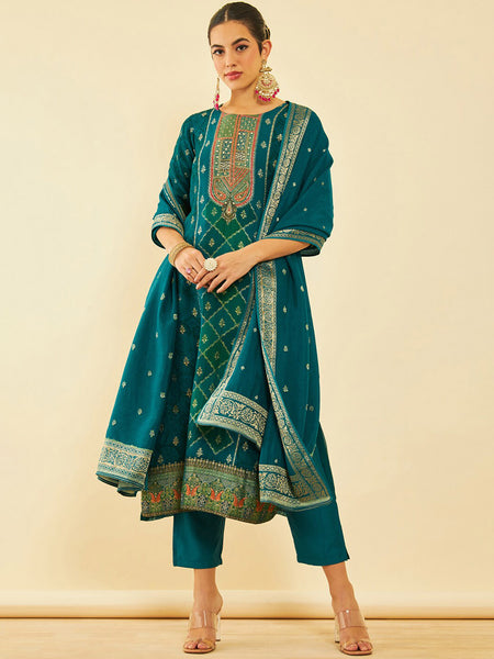 Soch Floral Printed Round Neck Three-Quarter Sleeves Kurta with Trousers & With Dupatta - Distacart