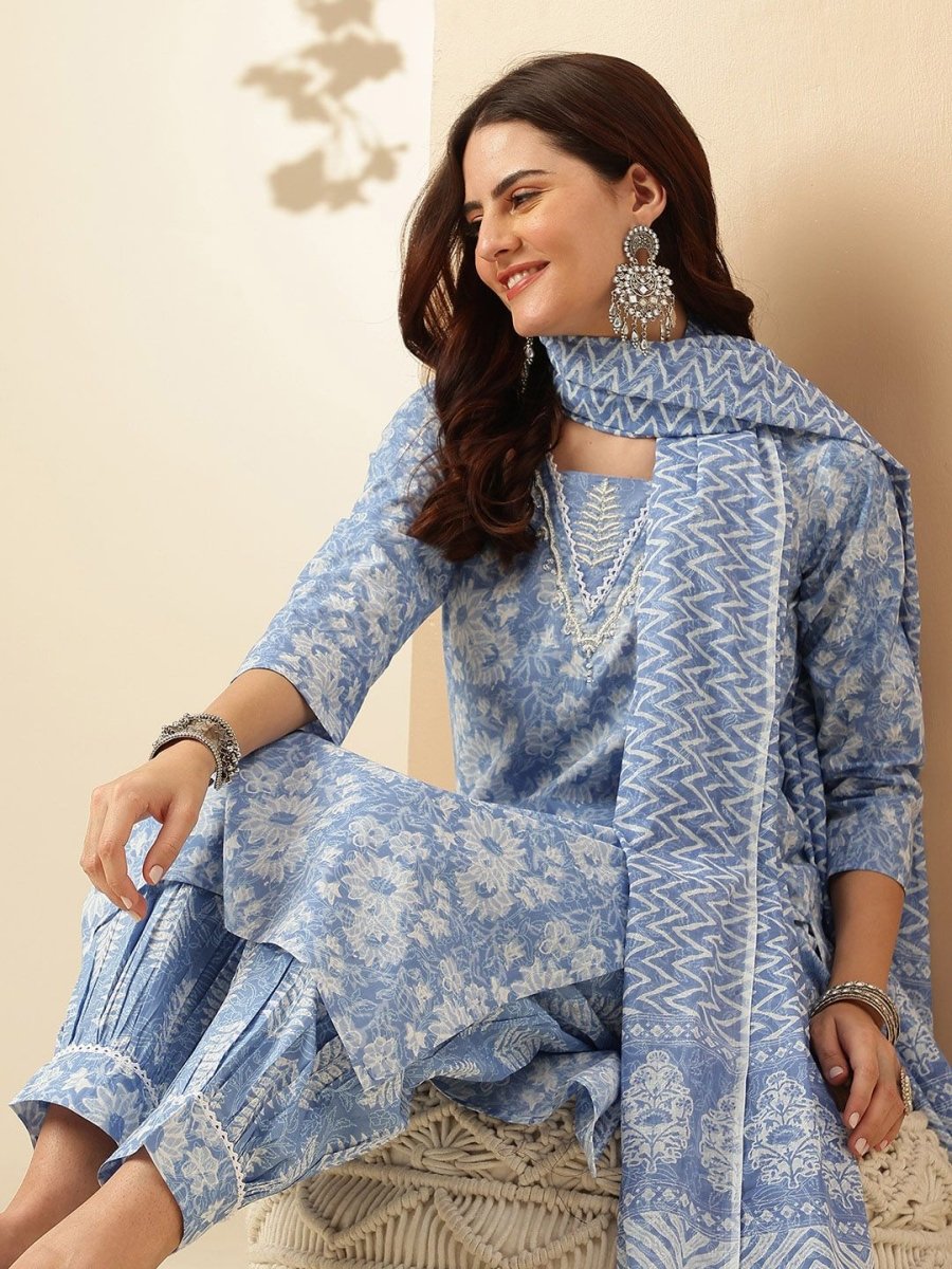 Anouk Blue Floral Printed Regular Thread Work Pure Cotton Kurta With Patiala & Dupatta - Distacart
