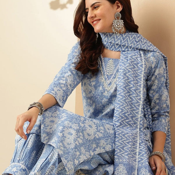 Anouk Blue Floral Printed Regular Thread Work Pure Cotton Kurta With Patiala & Dupatta - Distacart
