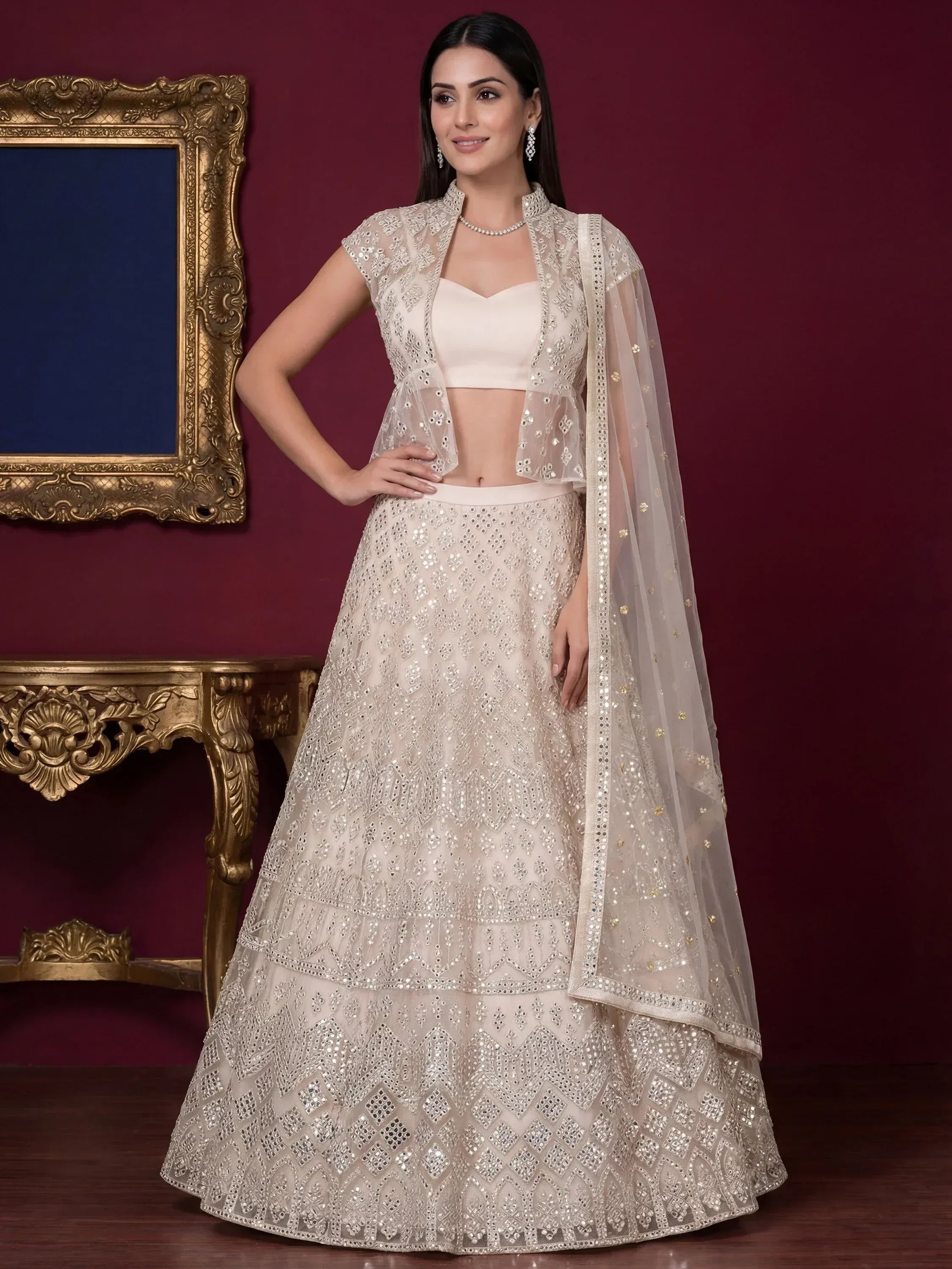 Tulsi Art Beautiful Off-White Embroidered Net Party Wear Lehenga Choli - Dista