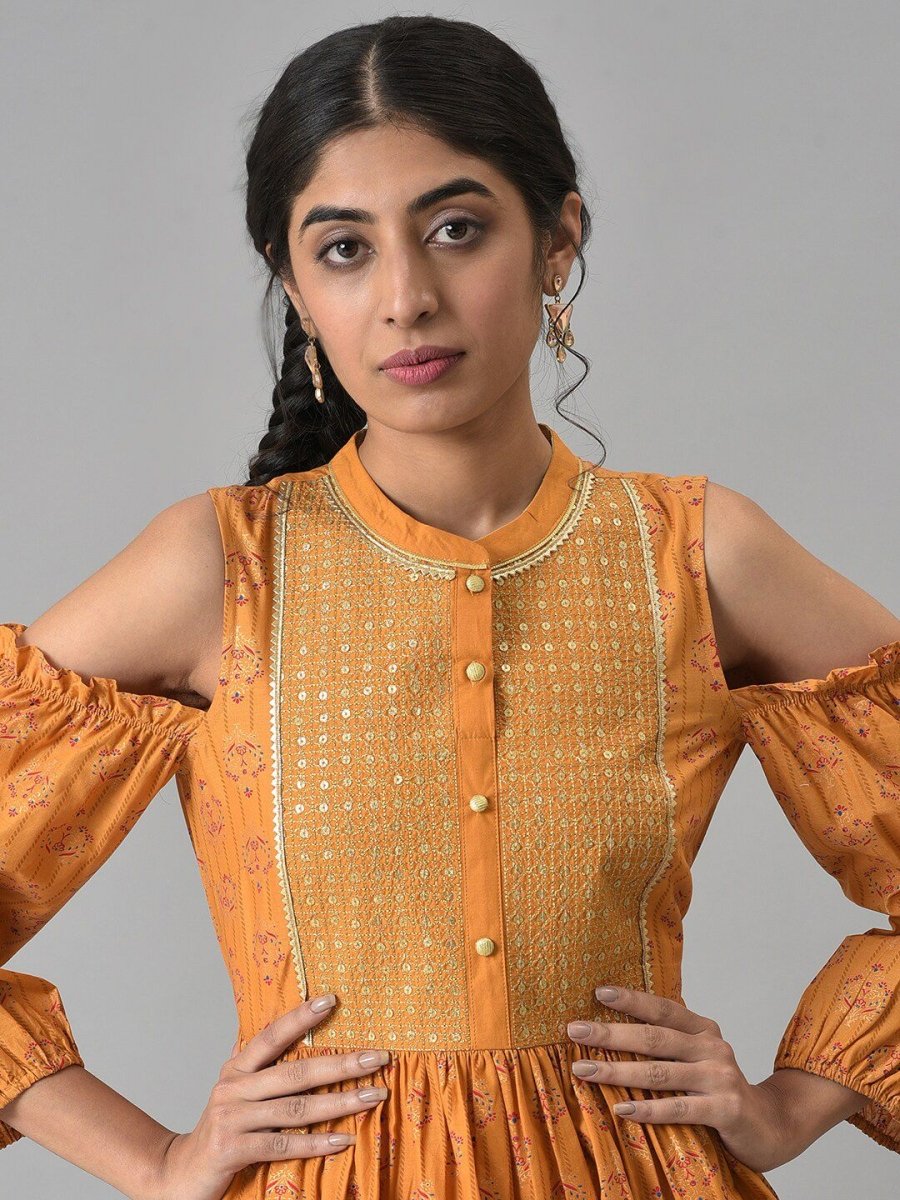 AURELIA Yellow Ethnic Motifs A-Line Midi Dress - Distacart