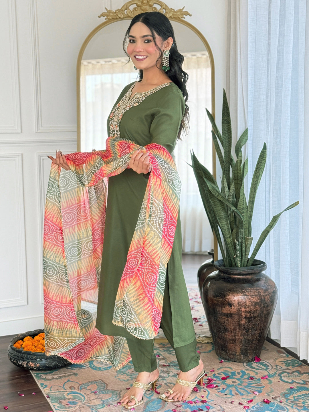 The52 Women's Gorgeous Rayon Embroidery work Straight Kurta with Pant and Dupatta Set