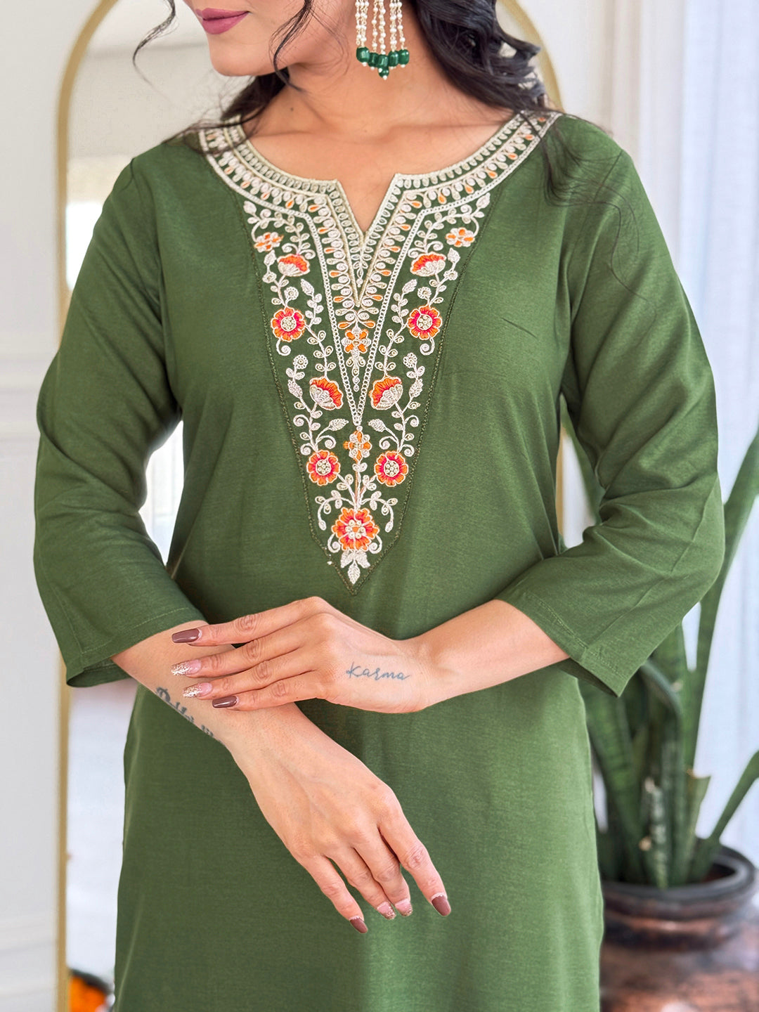 The52 Women's Gorgeous Rayon Embroidery work Straight Kurta with Pant and Dupatta Set