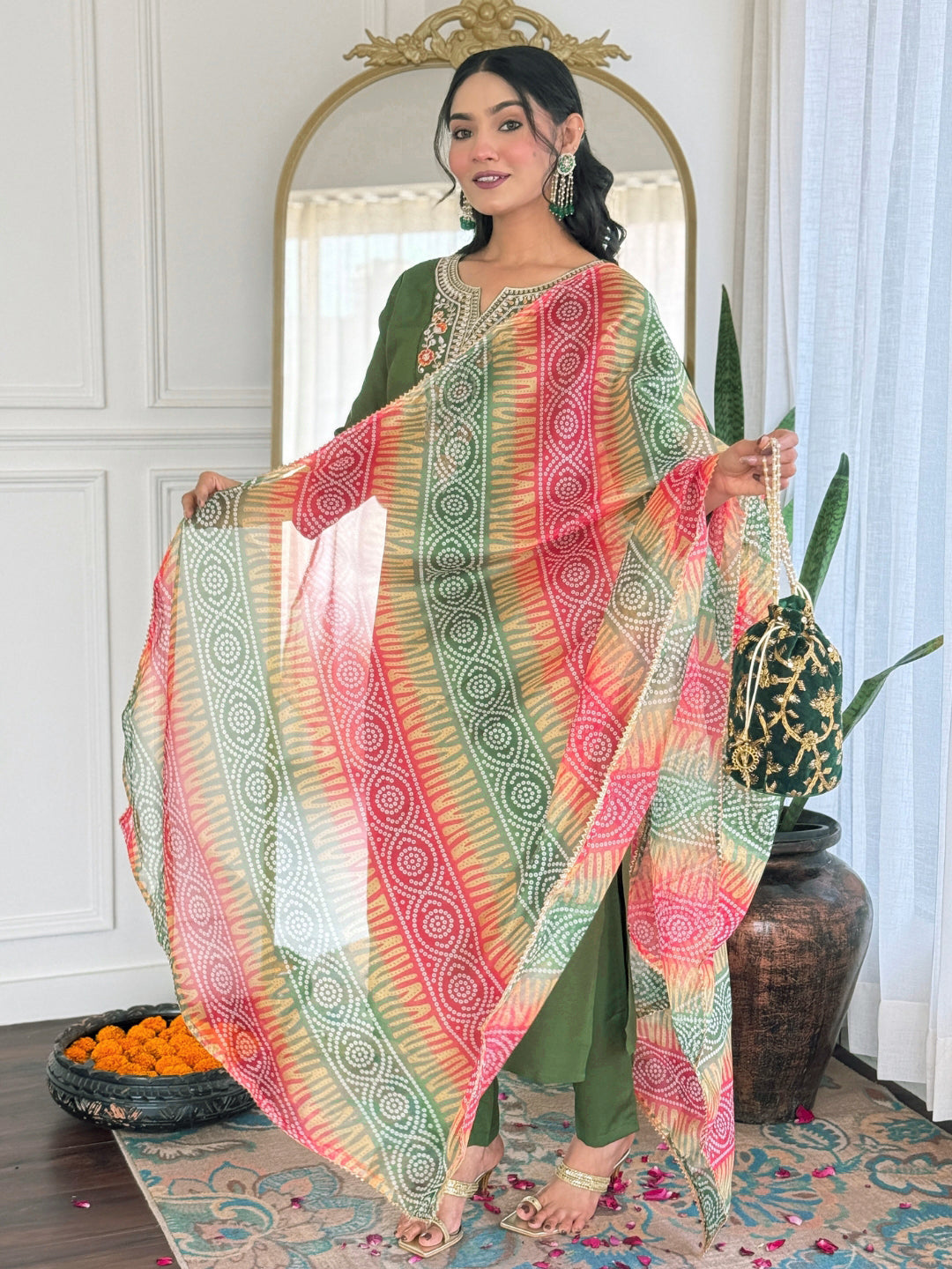 The52 Women's Gorgeous Rayon Embroidery work Straight Kurta with Pant and Dupatta Set