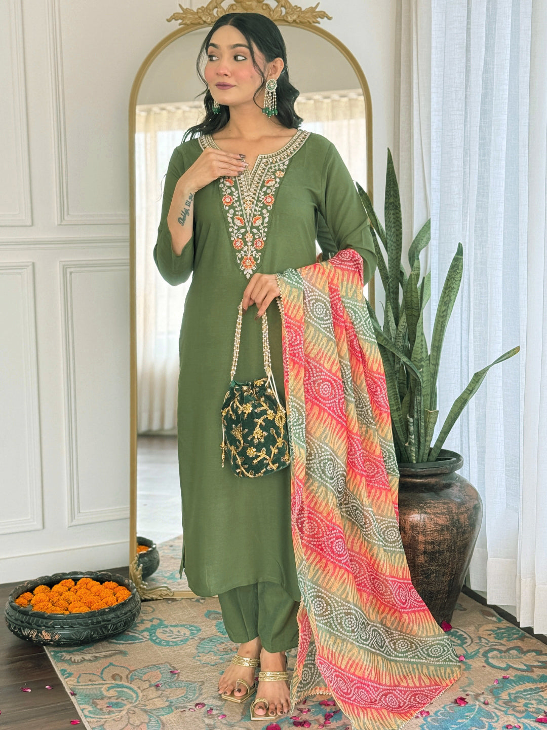 The52 Women's Gorgeous Rayon Embroidery work Straight Kurta with Pant and Dupatta Set