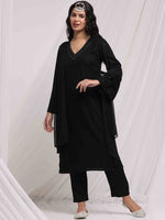 Thumbnail for Anouk Black Ethnic Motifs Embroidered V-Neck Thread Work Kurta with Trousers & Dupatta