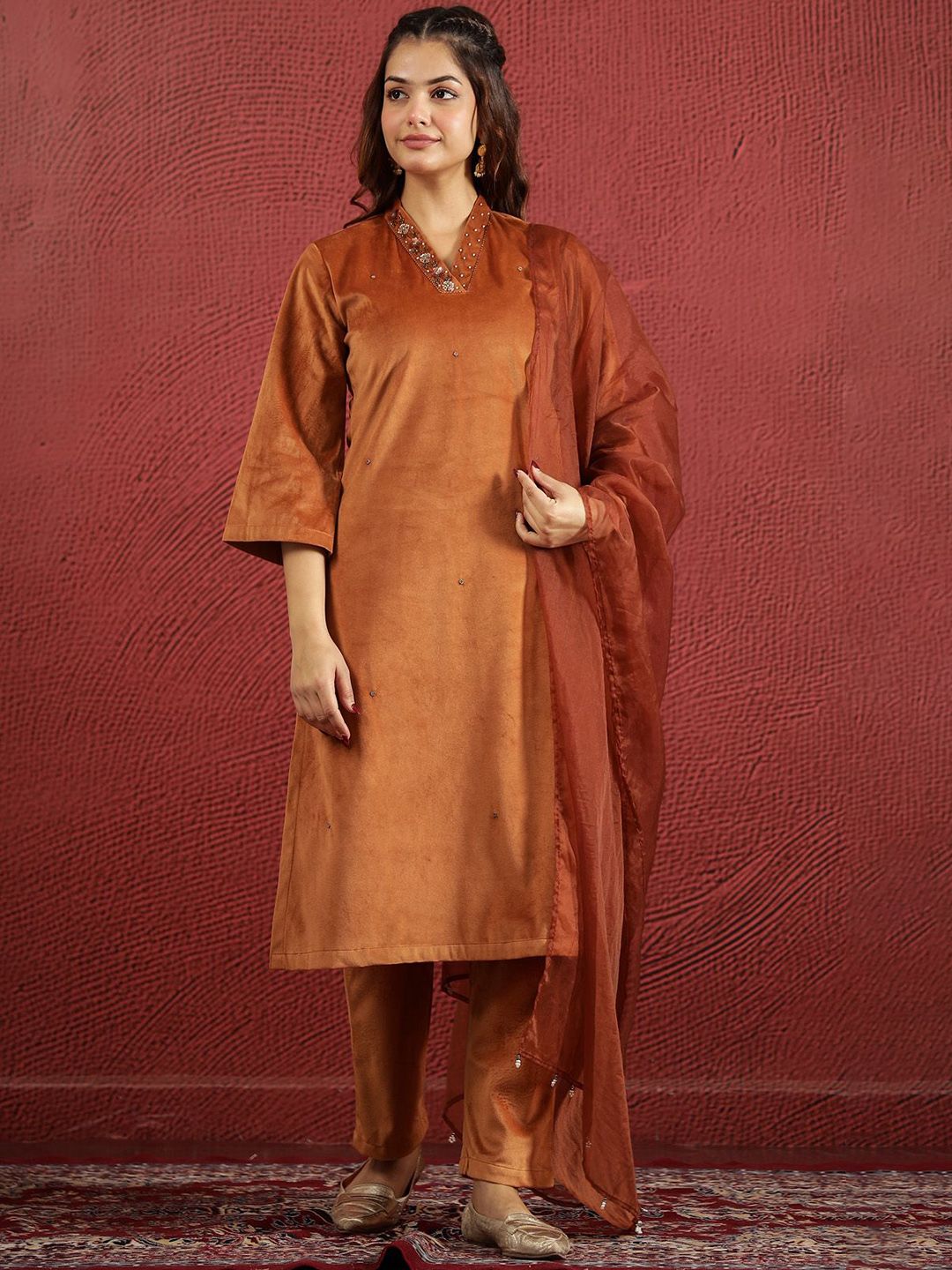 Sangria V-Neck Kurta & Trouser With Dupatta - Distacart