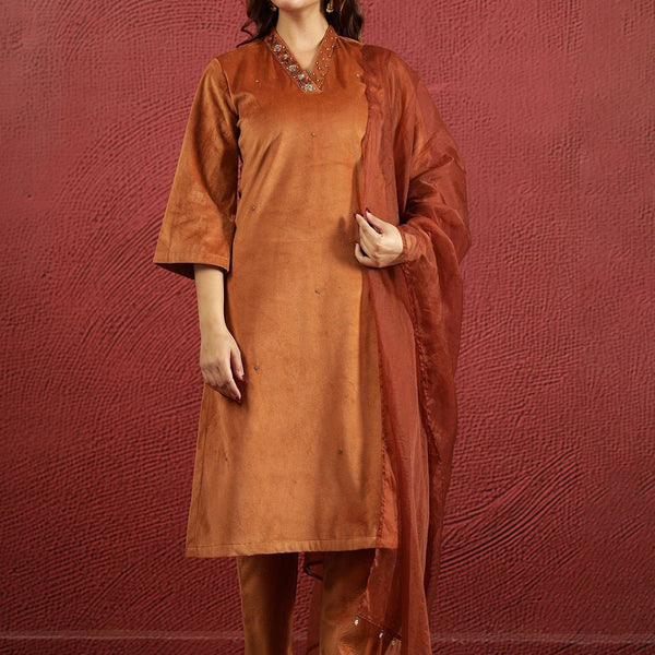 Sangria V-Neck Kurta & Trouser With Dupatta - Distacart