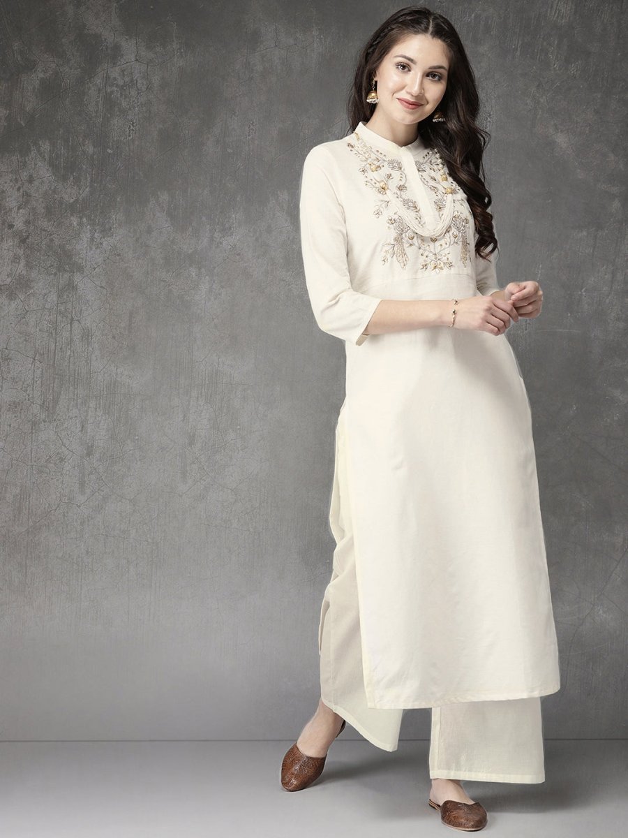 Anouk Women Cream-Coloured Embroidered Kurta with Palazzos - Distacart