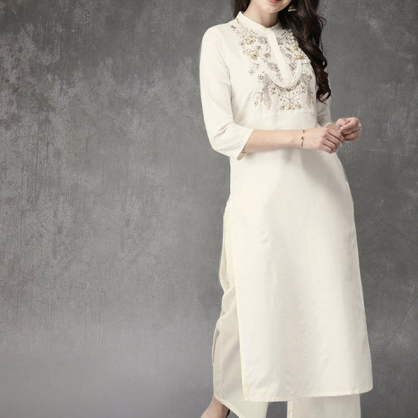 Anouk Women Cream-Coloured Embroidered Kurta with Palazzos - Distacart
