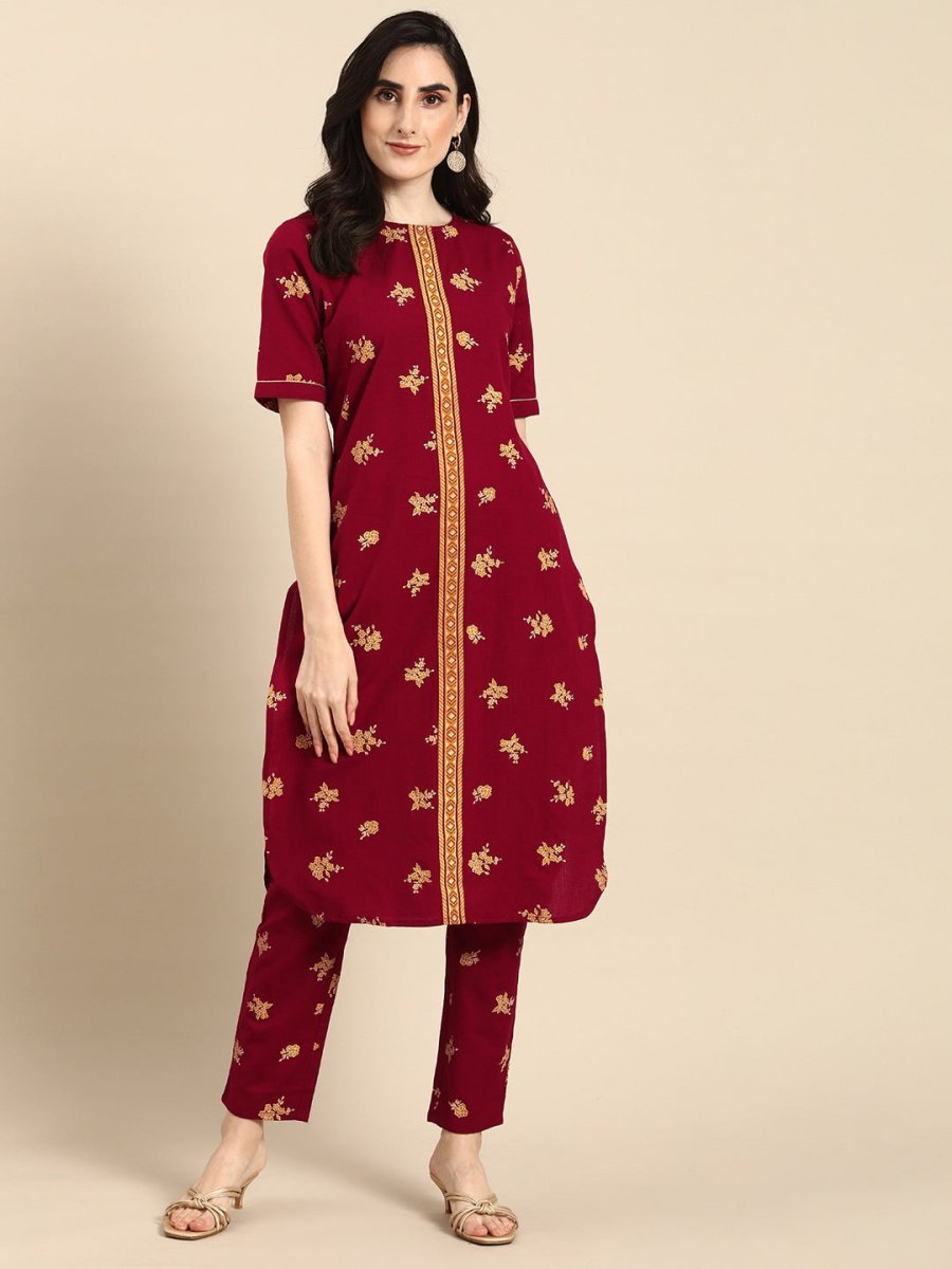 All About You Women Maroon & Mustard Yellow Floral Printed Pure Cotton Kurta with Trousers - Distacart