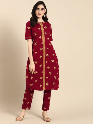All About You Women Maroon & Mustard Yellow Floral Printed Pure Cotton Kurta with Trousers - Distacart