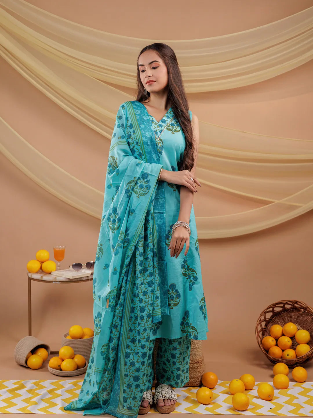 Yufta Blue Floral Print Pure Cotton A-Line Kurta Dupatta Set - Distacart